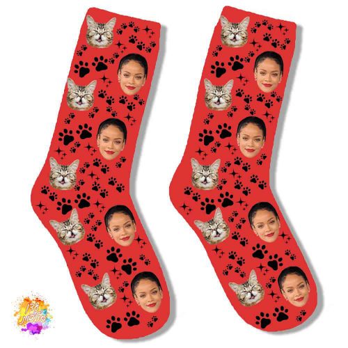 גרביים עם הדפסה דגם חתול צבע אדום