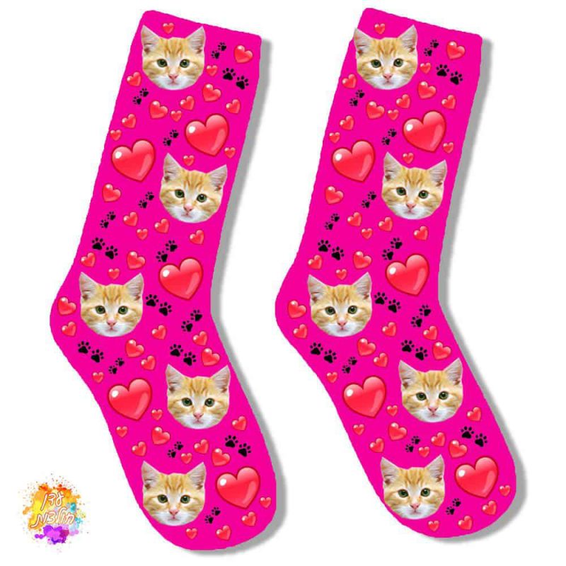 גרביים עם הדפסה דגם חתול צבע ורוד