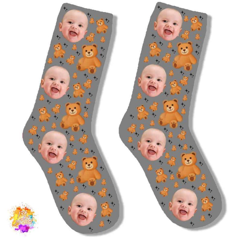 גרביים עם הדפסה דגם תינוק דובי צבע אפור
