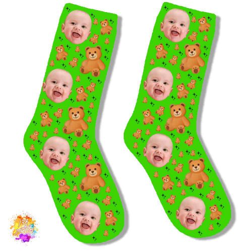 גרביים עם הדפסה דגם תינוק דובי צבע ירוק