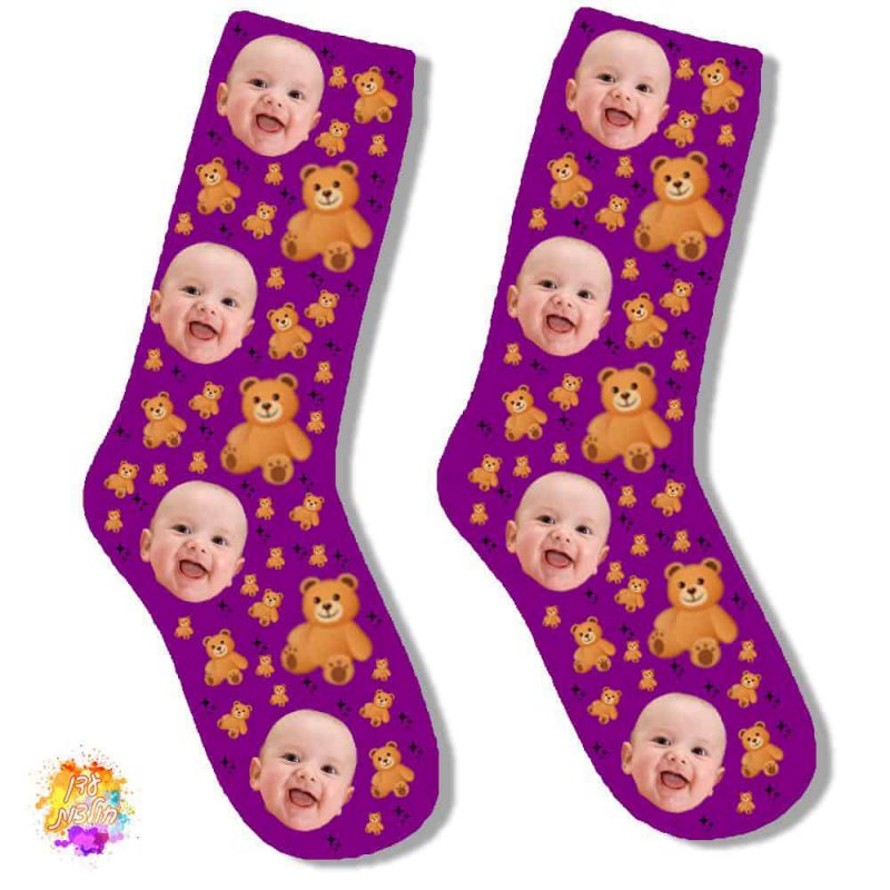 גרביים עם הדפסה דגם תינוק דובי צבע סגול