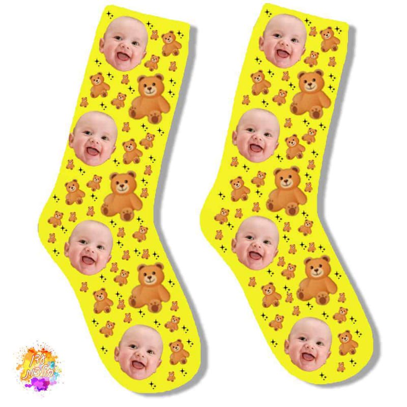 גרביים עם הדפסה דגם תינוק דובי צבע צהוב